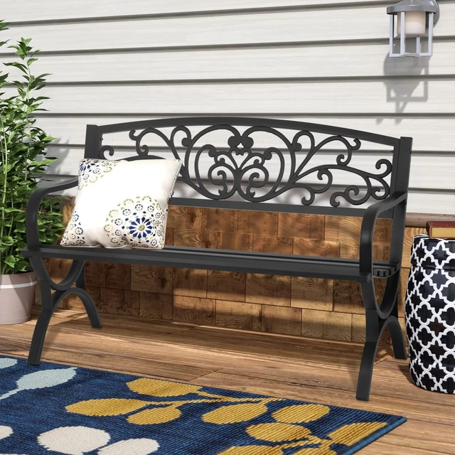Alt view image 6 of 7 - Patio Garden Bench 50 inch Outdoor Metal Loveseat Chairs with Armrests Slatted Seat and w/Floral Design Backrest for Park, Yard, Porch, Lawn, Balcony, Backyard, Black