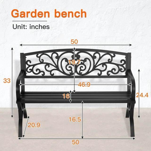Alt view image 7 of 7 - Patio Garden Bench 50 inch Outdoor Metal Loveseat Chairs with Armrests Slatted Seat and w/Floral Design Backrest for Park, Yard, Porch, Lawn, Balcony, Backyard, Black