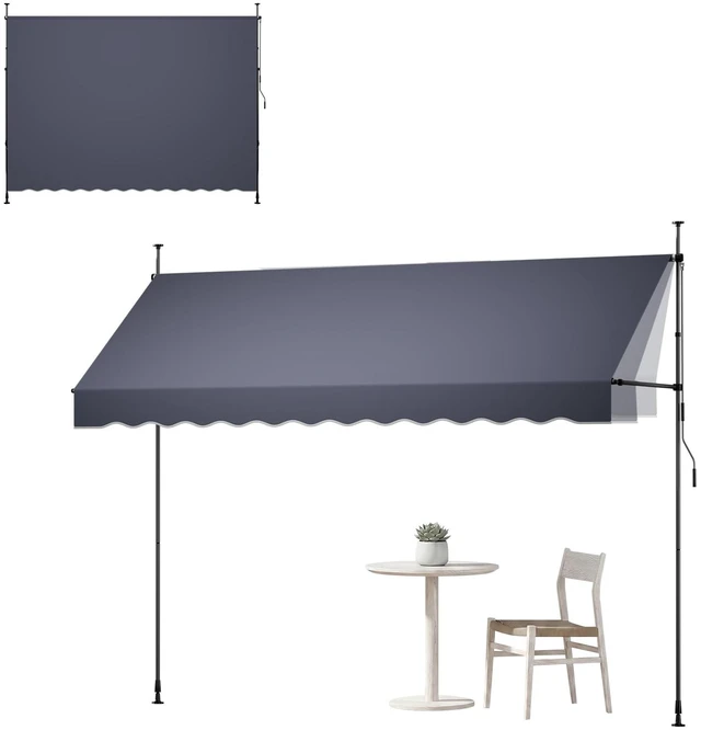 Main image of Manual Retractable Awning, 138" x 59" Outdoor Patio Awnings Sunshade Shelter with 43"-59" Retractable Side Bar, No Drill Height Adjustable, Crank Handle for Backyard, Balcony, Dark Gray