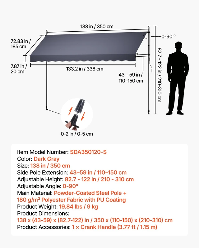 Alt view image 2 of 7 - Manual Retractable Awning, 138" x 59" Outdoor Patio Awnings Sunshade Shelter with 43"-59" Retractable Side Bar, No Drill Height Adjustable, Crank Handle for Backyard, Balcony, Dark Gray