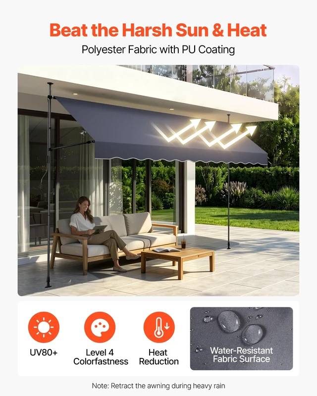 Alt view image 3 of 7 - Manual Retractable Awning, 138" x 59" Outdoor Patio Awnings Sunshade Shelter with 43"-59" Retractable Side Bar, No Drill Height Adjustable, Crank Handle for Backyard, Balcony, Dark Gray