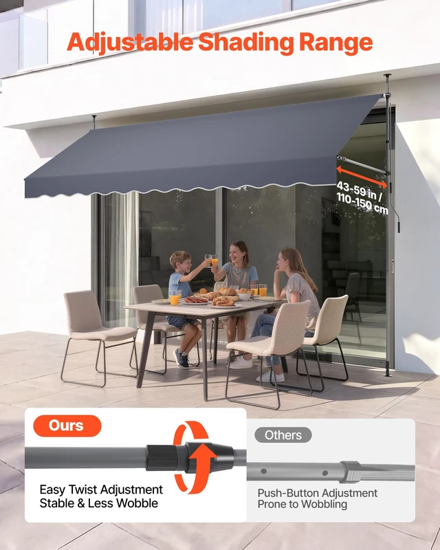 Alt view image 5 of 7 - Manual Retractable Awning, 138" x 59" Outdoor Patio Awnings Sunshade Shelter with 43"-59" Retractable Side Bar, No Drill Height Adjustable, Crank Handle for Backyard, Balcony, Dark Gray