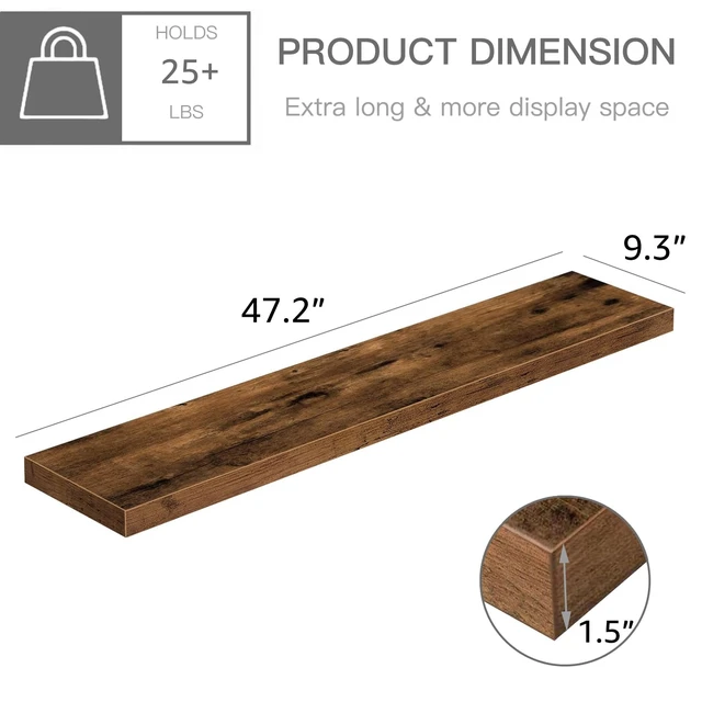 Alt view image 3 of 7 - Extra Long Floating Shelves for Wall (Brown, Set of 2, 47.2") | 48 inch Large Shelf for Bathroom Kitchen Living Room Bedroom, Farmhouse Home Decor, Rustic Plant Display, Books (008-120BN)