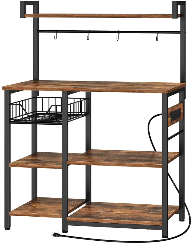 Main image of Bakers Rack with Power Outlet, 35.4 Inches Coffee Bar with Mesh Basket, Microwave Stand with 4 S-Shaped Hooks, Kitchen Bakers Rack with Storage, Easy to Assemble, Rustic Brown BF05HB01