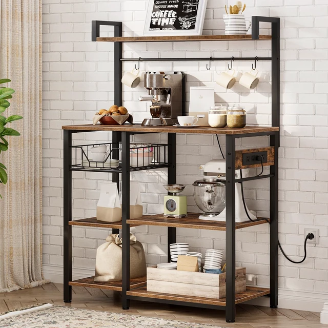Alt view image 2 of 7 - Bakers Rack with Power Outlet, 35.4 Inches Coffee Bar with Mesh Basket, Microwave Stand with 4 S-Shaped Hooks, Kitchen Bakers Rack with Storage, Easy to Assemble, Rustic Brown BF05HB01