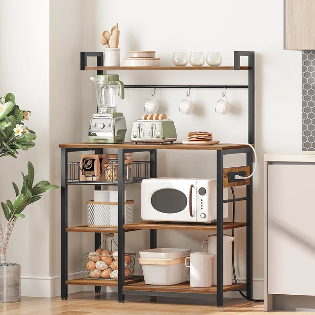 Alt view image 3 of 7 - Bakers Rack with Power Outlet, 35.4 Inches Coffee Bar with Mesh Basket, Microwave Stand with 4 S-Shaped Hooks, Kitchen Bakers Rack with Storage, Easy to Assemble, Rustic Brown BF05HB01