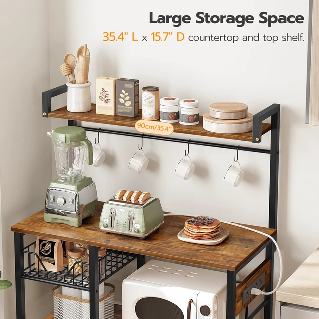 Alt view image 5 of 7 - Bakers Rack with Power Outlet, 35.4 Inches Coffee Bar with Mesh Basket, Microwave Stand with 4 S-Shaped Hooks, Kitchen Bakers Rack with Storage, Easy to Assemble, Rustic Brown BF05HB01