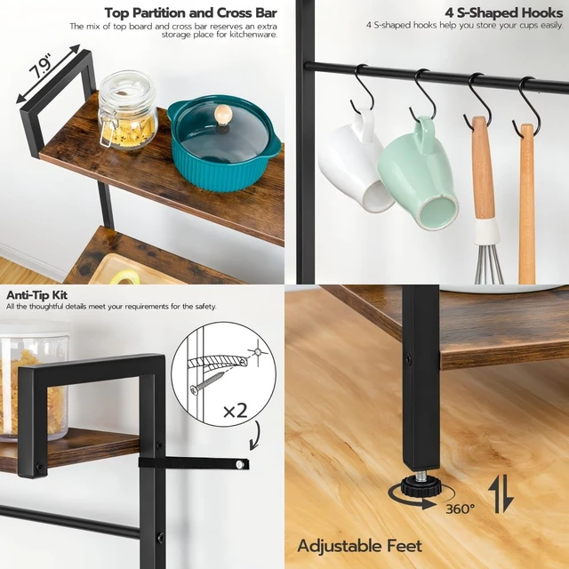 Alt view image 7 of 7 - Bakers Rack with Power Outlet, 35.4 Inches Coffee Bar with Mesh Basket, Microwave Stand with 4 S-Shaped Hooks, Kitchen Bakers Rack with Storage, Easy to Assemble, Rustic Brown BF05HB01