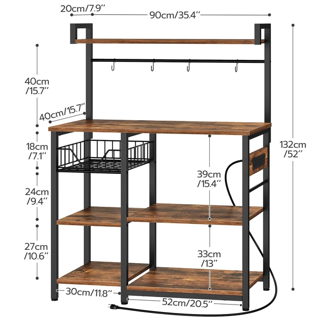Alt view image 4 of 7 - Bakers Rack with Power Outlet, 35.4 Inches Coffee Bar with Mesh Basket, Microwave Stand with 4 S-Shaped Hooks, Kitchen Bakers Rack with Storage, Easy to Assemble, Rustic Brown BF05HB01