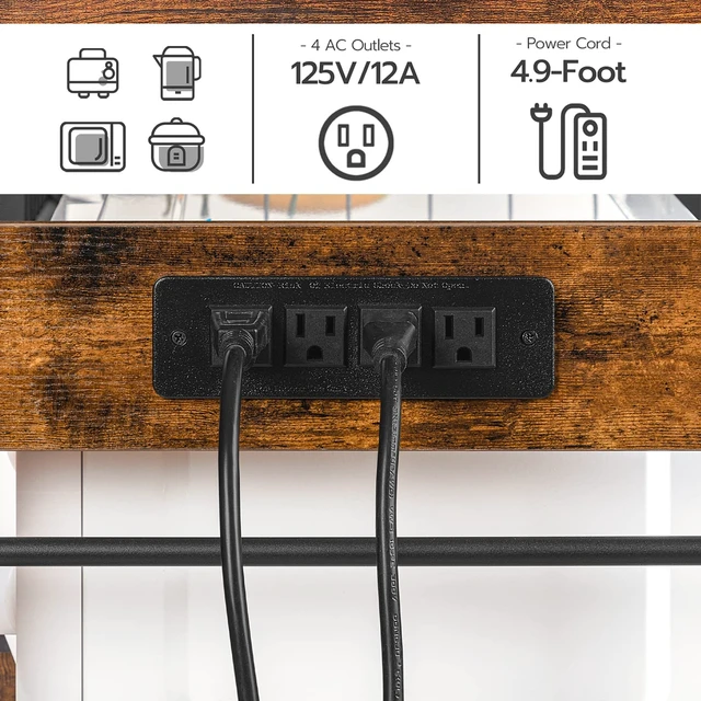 Alt view image 6 of 7 - Bakers Rack with Power Outlet, 35.4 Inches Coffee Bar with Mesh Basket, Microwave Stand with 4 S-Shaped Hooks, Kitchen Bakers Rack with Storage, Easy to Assemble, Rustic Brown BF05HB01