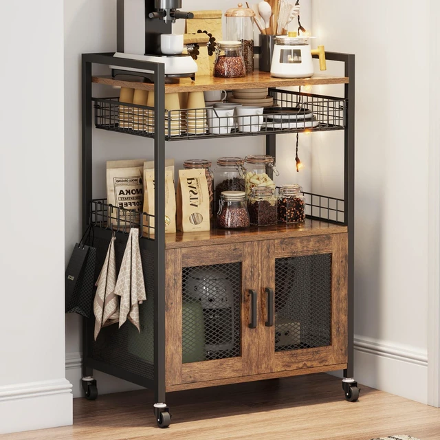 Main image of Coffee Bar Cabinet, 3 Tier Coffee Station Table on Wheels, 35.9" H Bar Cart with Wire Basket Drawer & 5 Hooks for Home Kitchen, Liquor Buffet Sideboard Cabinet (Rustic Brown)