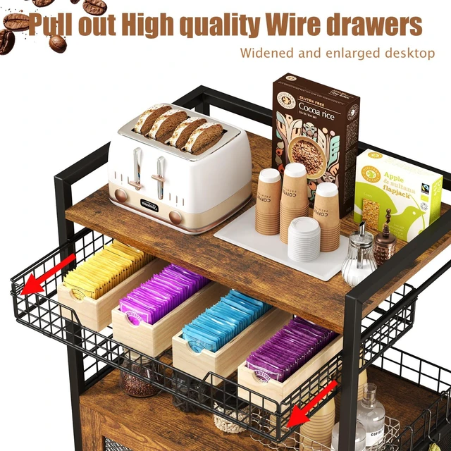 Alt view image 2 of 7 - Coffee Bar Cabinet, 3 Tier Coffee Station Table on Wheels, 35.9" H Bar Cart with Wire Basket Drawer & 5 Hooks for Home Kitchen, Liquor Buffet Sideboard Cabinet (Rustic Brown)