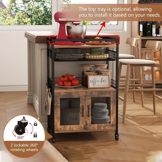 Alt view image 3 of 7 - Coffee Bar Cabinet, 3 Tier Coffee Station Table on Wheels, 35.9" H Bar Cart with Wire Basket Drawer & 5 Hooks for Home Kitchen, Liquor Buffet Sideboard Cabinet (Rustic Brown)