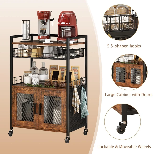 Alt view image 5 of 7 - Coffee Bar Cabinet, 3 Tier Coffee Station Table on Wheels, 35.9" H Bar Cart with Wire Basket Drawer & 5 Hooks for Home Kitchen, Liquor Buffet Sideboard Cabinet (Rustic Brown)