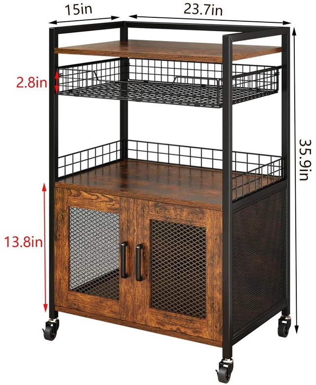 Alt view image 6 of 7 - Coffee Bar Cabinet, 3 Tier Coffee Station Table on Wheels, 35.9" H Bar Cart with Wire Basket Drawer & 5 Hooks for Home Kitchen, Liquor Buffet Sideboard Cabinet (Rustic Brown)