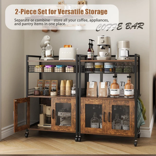 Alt view image 4 of 7 - Coffee Bar Cabinet, 3 Tier Coffee Station Table on Wheels, 35.9" H Bar Cart with Wire Basket Drawer & 5 Hooks for Home Kitchen, Liquor Buffet Sideboard Cabinet (Rustic Brown)