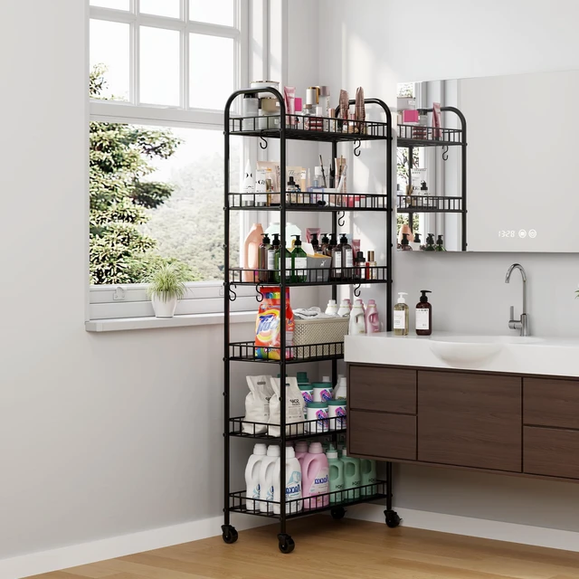Alt view image 3 of 7 - 6 Tier Slim Storage Cart with Wheels, Metal Mobile Shelving Unit Organizer Utility Cart for Office Bathroom Kitchen Laundry Room Narrow Places (10inches)
