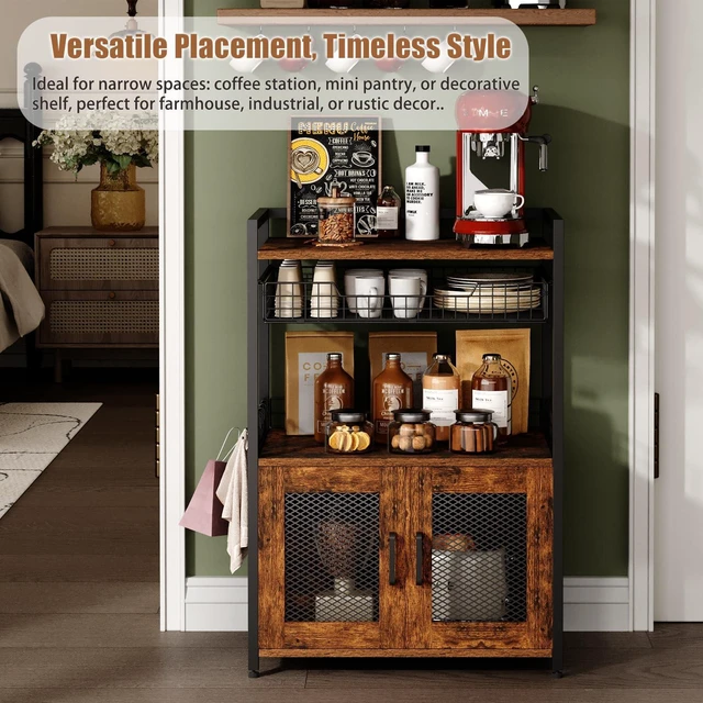 Alt view image 7 of 7 - Coffee Bar Cabinet, 3 Tier Coffee Station Table on Wheels, 35.9" H Bar Cart with Wire Basket Drawer & 5 Hooks for Home Kitchen, Liquor Buffet Sideboard Cabinet (Rustic Brown)