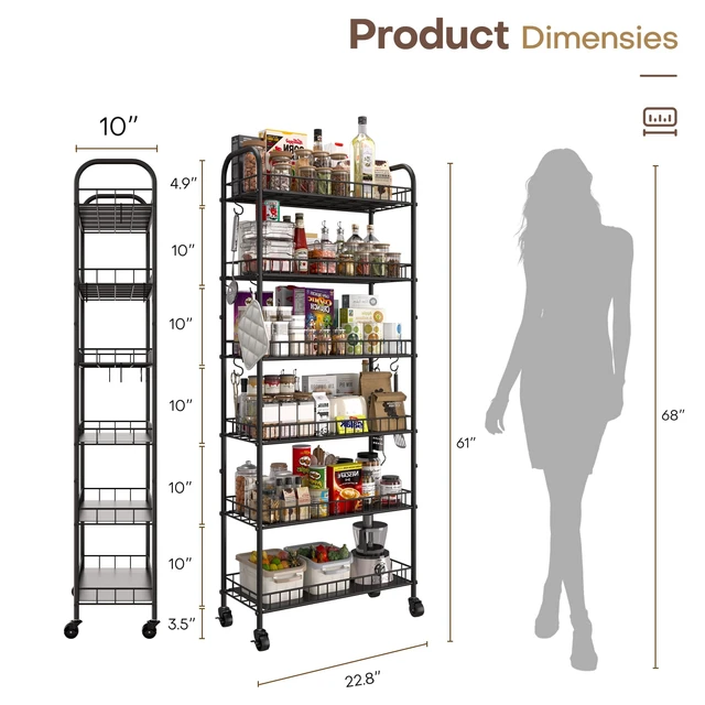 Alt view image 5 of 7 - 6 Tier Slim Storage Cart with Wheels, Metal Mobile Shelving Unit Organizer Utility Cart for Office Bathroom Kitchen Laundry Room Narrow Places (10inches)
