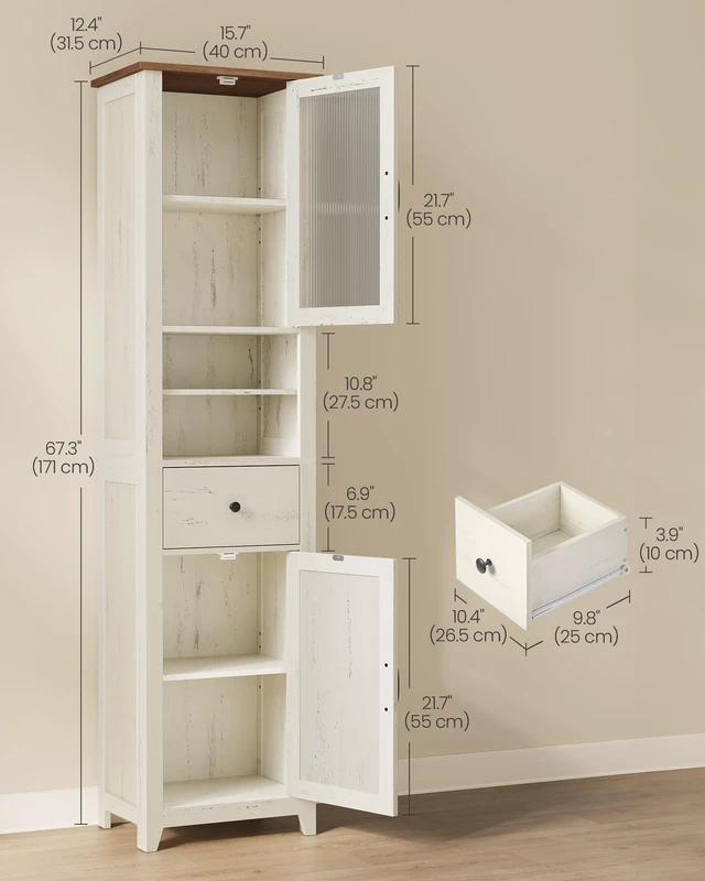Alt view image 5 of 6 - Tall Bathroom Cabinet, Narrow Space Saver, 15.7 x 12.4 x 67.3 inch | Farmhouse Freestanding Storage Cupboard with Drawer and Doors, Rustic White and Honey Brown, LIRY Collection UBBK760W101S