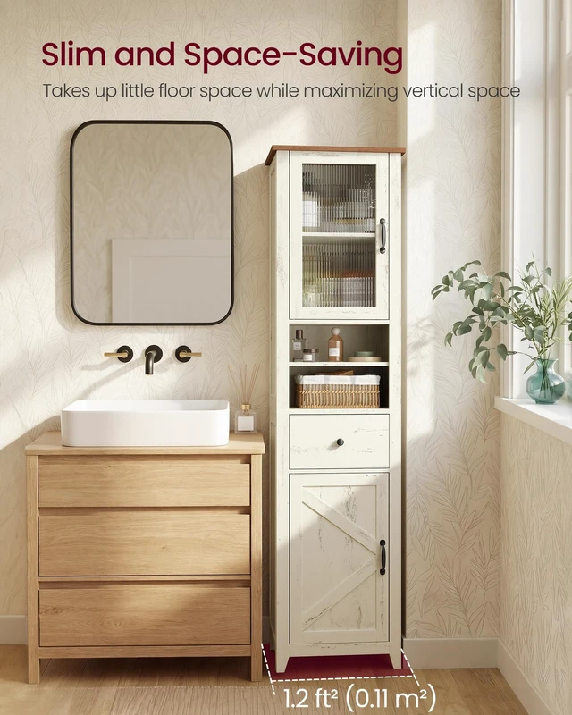 Alt view image 2 of 6 - Tall Bathroom Cabinet, Narrow Space Saver, 15.7 x 12.4 x 67.3 inch | Farmhouse Freestanding Storage Cupboard with Drawer and Doors, Rustic White and Honey Brown, LIRY Collection UBBK760W101S