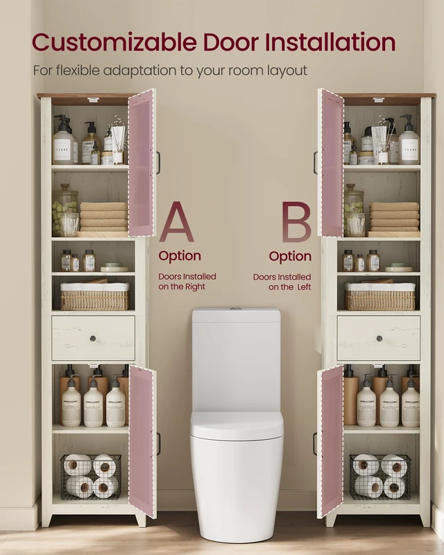 Alt view image 3 of 6 - Tall Bathroom Cabinet, Narrow Space Saver, 15.7 x 12.4 x 67.3 inch | Farmhouse Freestanding Storage Cupboard with Drawer and Doors, Rustic White and Honey Brown, LIRY Collection UBBK760W101S