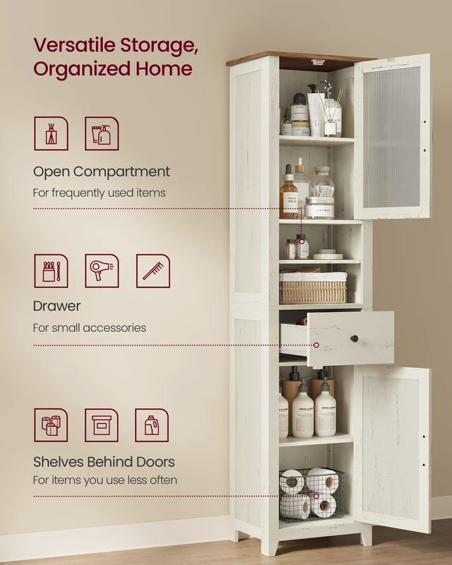 Alt view image 6 of 6 - Tall Bathroom Cabinet, Narrow Space Saver, 15.7 x 12.4 x 67.3 inch | Farmhouse Freestanding Storage Cupboard with Drawer and Doors, Rustic White and Honey Brown, LIRY Collection UBBK760W101S