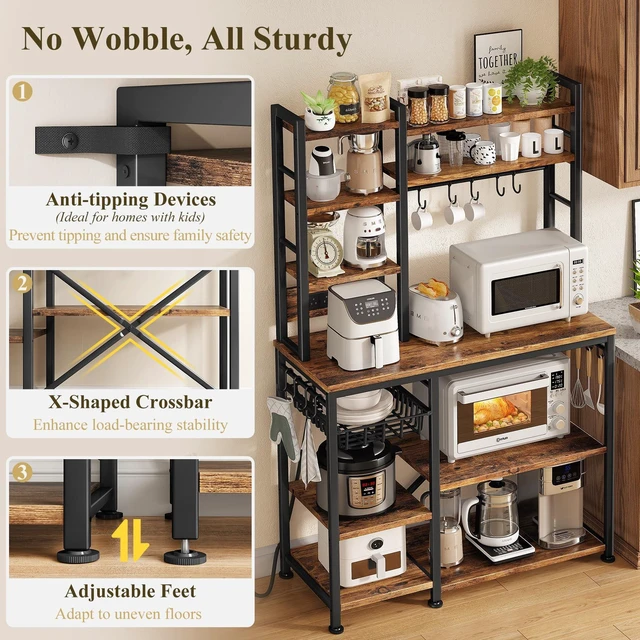 Alt view image 4 of 7 - 6-Tier Bakers Rack with Power Outlets, 36 x 14.6 x 72 in, Rustic Brown | Large Capacity for Small Appliances, Stable Metal Frame with Wood Shelves, Pull-Out Basket, 14 Hooks