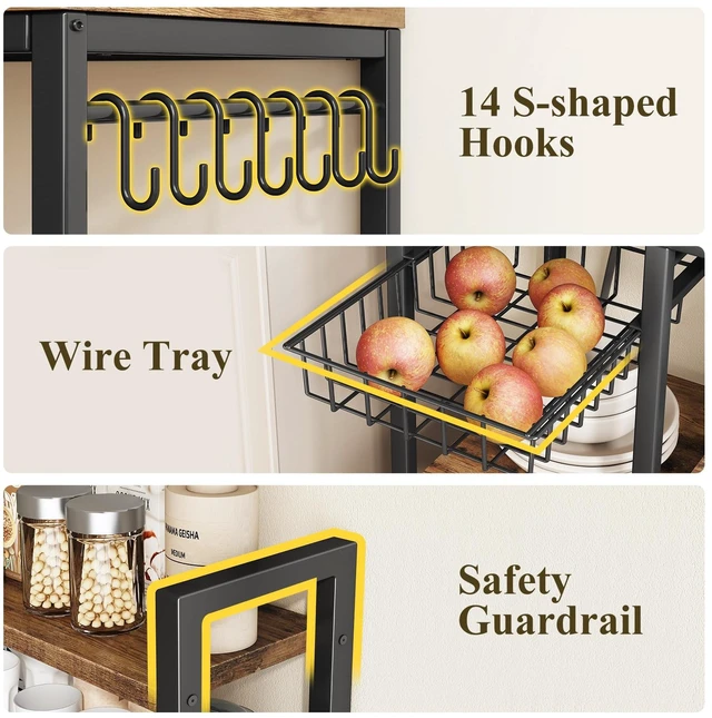 Alt view image 7 of 7 - 6-Tier Bakers Rack with Power Outlets, 36 x 14.6 x 72 in, Rustic Brown | Large Capacity for Small Appliances, Stable Metal Frame with Wood Shelves, Pull-Out Basket, 14 Hooks