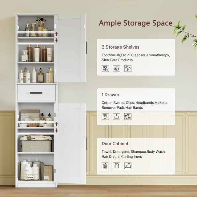 Alt view image 4 of 7 - 67'' Tall Bathroom Cabinet, Storage Cabinet with 4 Shelves & 2 Doors, Narrow Storage Cabinets for Bathroom, Living Room, Home Office, White