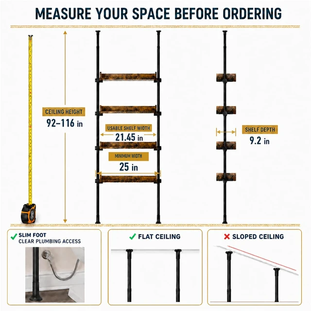Alt view image 2 of 7 - Tension Over The Toilet Storage Cabinet, No-Drill, Fits 92-116 in. | 4 Height-Adjustable Shelves for Bathroom Organizers, Fits Narrow Toilet Spaces, Slim Design Leaves Room for Plumbing, Brown