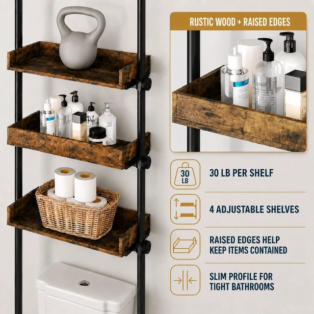 Alt view image 3 of 7 - Tension Over The Toilet Storage Cabinet, No-Drill, Fits 92-116 in. | 4 Height-Adjustable Shelves for Bathroom Organizers, Fits Narrow Toilet Spaces, Slim Design Leaves Room for Plumbing, Brown