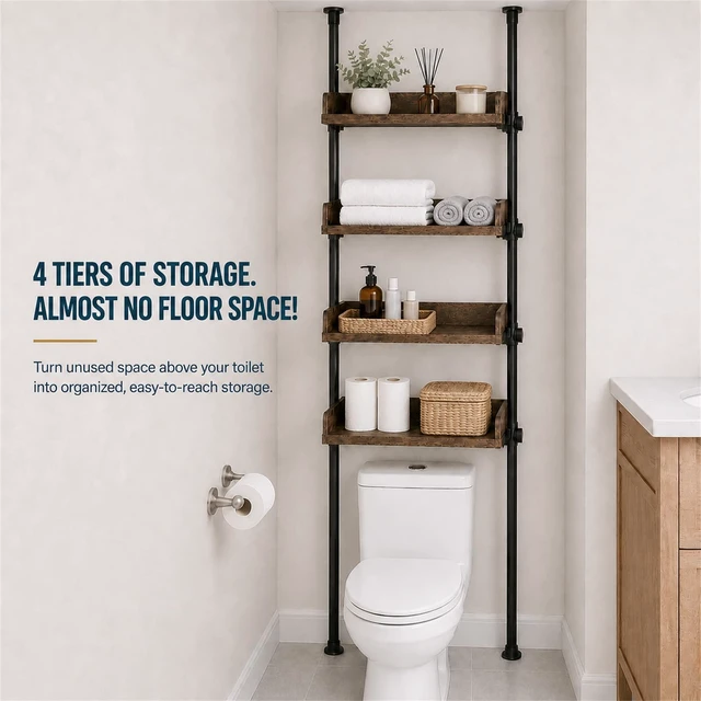 Alt view image 7 of 7 - Tension Over The Toilet Storage Cabinet, No-Drill, Fits 92-116 in. | 4 Height-Adjustable Shelves for Bathroom Organizers, Fits Narrow Toilet Spaces, Slim Design Leaves Room for Plumbing, Brown