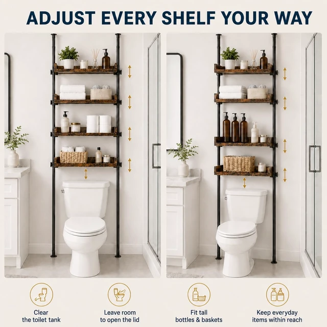 Alt view image 6 of 7 - Tension Over The Toilet Storage Cabinet, No-Drill, Fits 92-116 in. | 4 Height-Adjustable Shelves for Bathroom Organizers, Fits Narrow Toilet Spaces, Slim Design Leaves Room for Plumbing, Brown