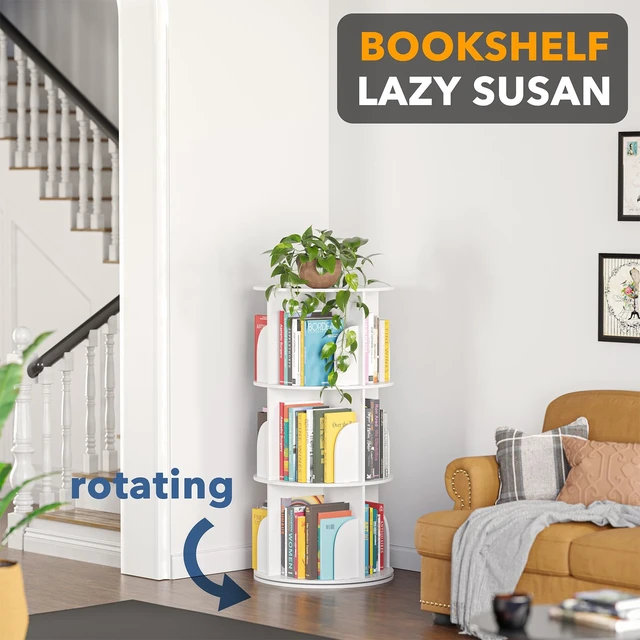 Alt view image 3 of 7 - 3 Tier Rotating Bookshelf Tower, Spinning Bookcase Lazy Susan, Revolving 360 Book Shelf Storage Round Carousel, Vertical Rotate Turning Spiral Corner Organizer, White