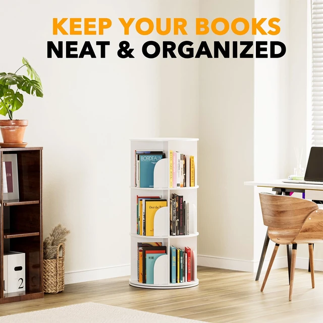 Alt view image 6 of 7 - 3 Tier Rotating Bookshelf Tower, Spinning Bookcase Lazy Susan, Revolving 360 Book Shelf Storage Round Carousel, Vertical Rotate Turning Spiral Corner Organizer, White