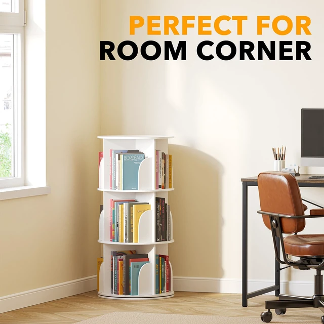 Alt view image 4 of 7 - 3 Tier Rotating Bookshelf Tower, Spinning Bookcase Lazy Susan, Revolving 360 Book Shelf Storage Round Carousel, Vertical Rotate Turning Spiral Corner Organizer, White