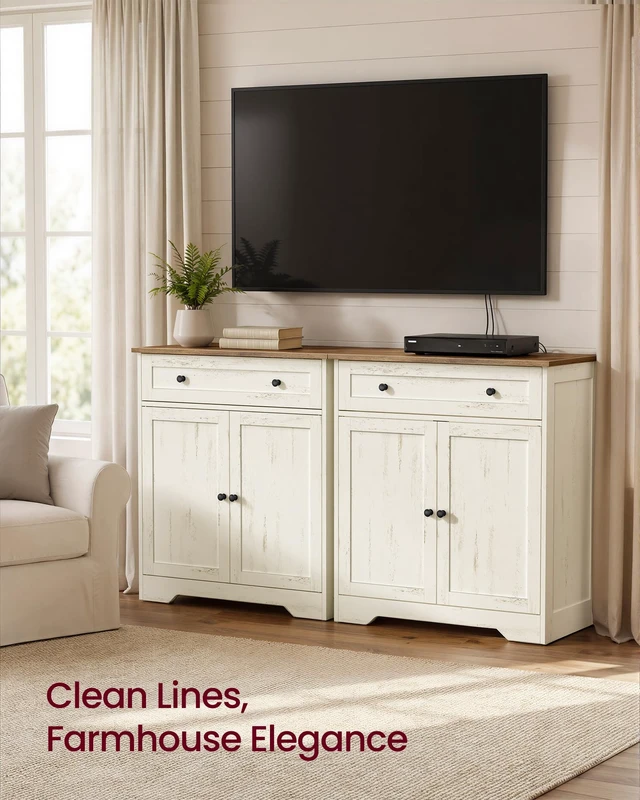 Alt view image 6 of 6 - Buffet Cabinet, Sideboard, 2 Doors, 28.4 x 15.8 x 31.5 Inches | Farmhouse Coffee Bar Cabinet with 1 Drawer, Adjustable Shelves, Rustic White and Honey Brown, SIREN Collection ULSC521WJ01S
