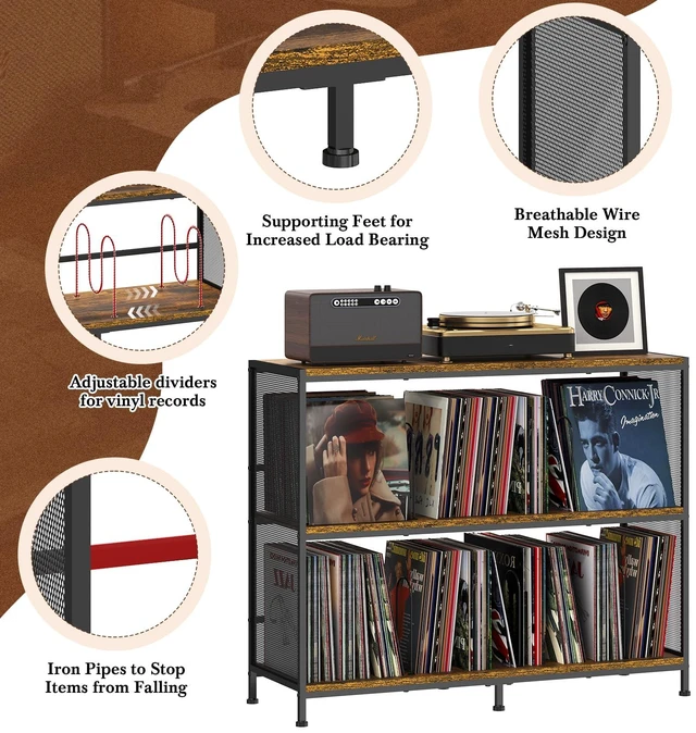 Alt view image 5 of 7 - 3-Tier Vinyl Record Storage: Vintage Player Table with Spacious Storage - Up to 450 Records, Turntable Stand with Adjustable Dividers, Extra Top Surface for Audio Equipment, Perfect for Living Room