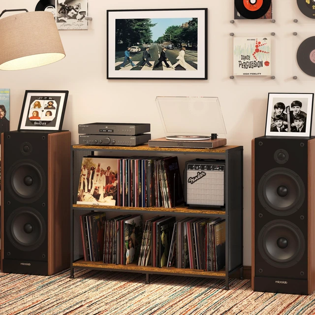 Alt view image 4 of 7 - 3-Tier Vinyl Record Storage: Vintage Player Table with Spacious Storage - Up to 450 Records, Turntable Stand with Adjustable Dividers, Extra Top Surface for Audio Equipment, Perfect for Living Room
