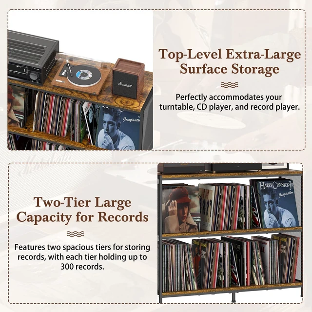 Alt view image 3 of 7 - 3-Tier Vinyl Record Storage: Vintage Player Table with Spacious Storage - Up to 450 Records, Turntable Stand with Adjustable Dividers, Extra Top Surface for Audio Equipment, Perfect for Living Room