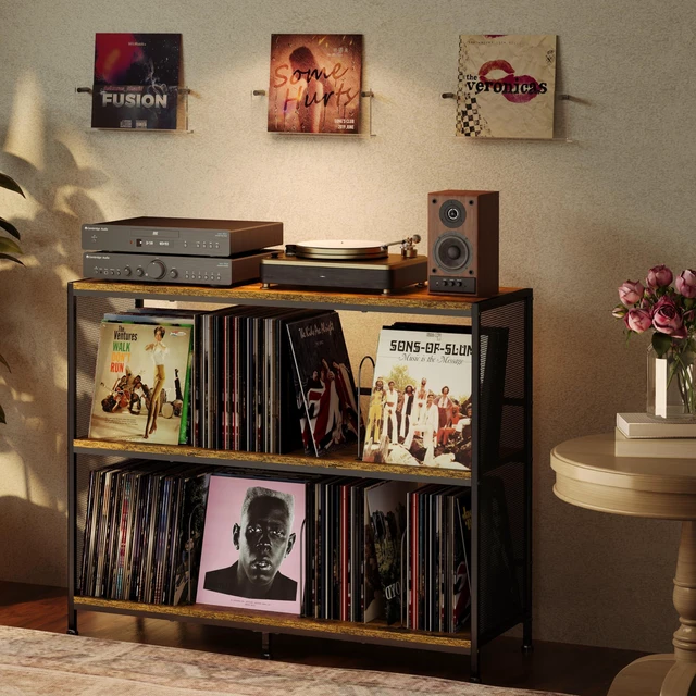 Alt view image 7 of 7 - 3-Tier Vinyl Record Storage: Vintage Player Table with Spacious Storage - Up to 450 Records, Turntable Stand with Adjustable Dividers, Extra Top Surface for Audio Equipment, Perfect for Living Room