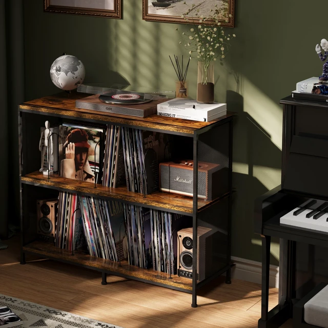 Alt view image 2 of 7 - 3-Tier Vinyl Record Storage: Vintage Player Table with Spacious Storage - Up to 450 Records, Turntable Stand with Adjustable Dividers, Extra Top Surface for Audio Equipment, Perfect for Living Room
