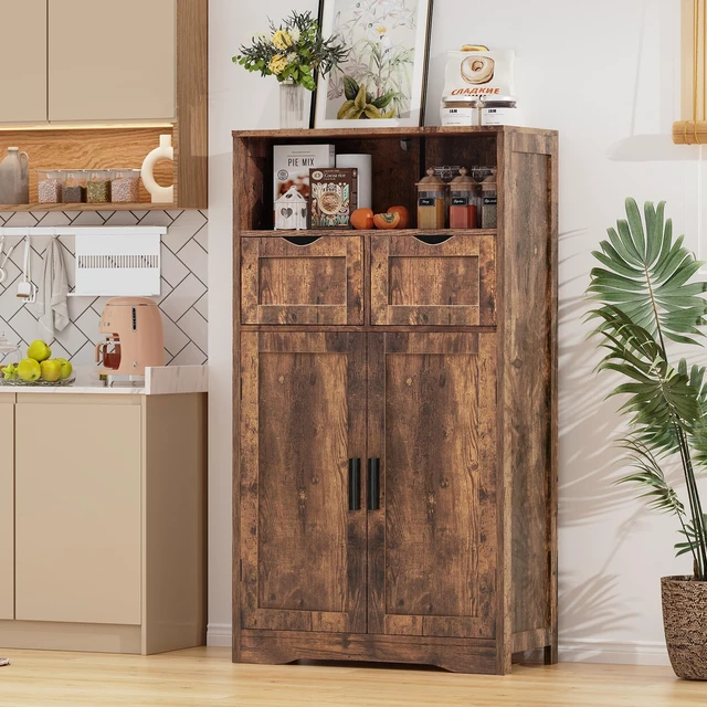 Alt view image 2 of 7 - Bathroom Storage Cabinet with 2 Drawers, Small Kitchen Pantry Cabinet | Kitchen Cabinet with Adjustable Shelves, Coffee Bar Cabinet for Kitchen, Living Room, Entryway, Rustic Brown