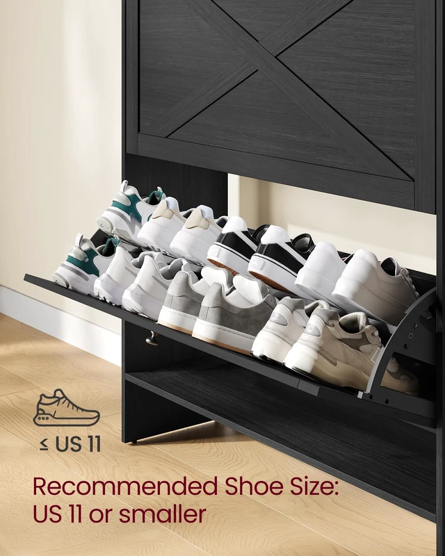Alt view image 3 of 6 - Narrow Shoe Storage Cabinet Organizer with 2 Flip Drawers | Freestanding Shoe Rack, Fits 14 to 16 Pairs, for Entryway, Farmhouse Style, Smoky Black, HAINS Collection UHSC203BJ01S