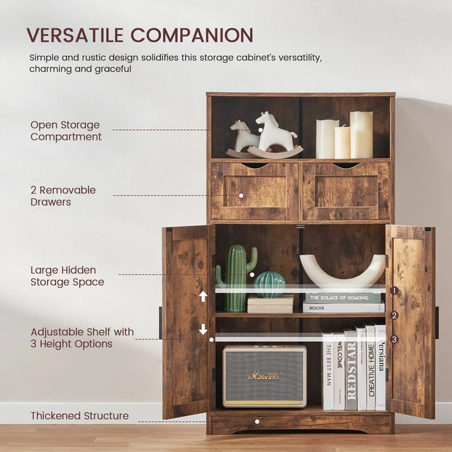 Alt view image 4 of 7 - Bathroom Storage Cabinet with 2 Drawers, Small Kitchen Pantry Cabinet | Kitchen Cabinet with Adjustable Shelves, Coffee Bar Cabinet for Kitchen, Living Room, Entryway, Rustic Brown
