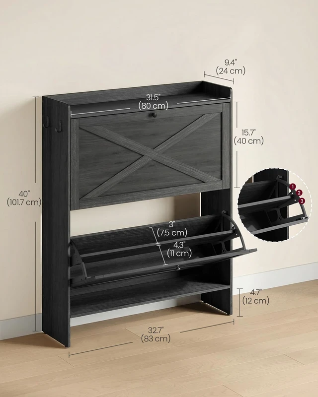 Alt view image 4 of 6 - Narrow Shoe Storage Cabinet Organizer with 2 Flip Drawers | Freestanding Shoe Rack, Fits 14 to 16 Pairs, for Entryway, Farmhouse Style, Smoky Black, HAINS Collection UHSC203BJ01S