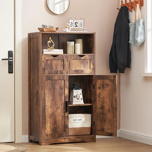 Alt view image 3 of 7 - Bathroom Storage Cabinet with 2 Drawers, Small Kitchen Pantry Cabinet | Kitchen Cabinet with Adjustable Shelves, Coffee Bar Cabinet for Kitchen, Living Room, Entryway, Rustic Brown