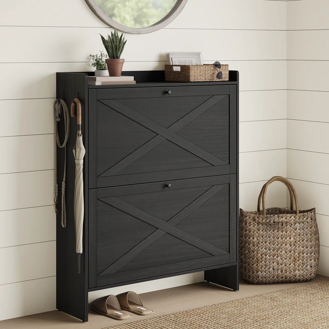 Main image of Narrow Shoe Storage Cabinet Organizer with 2 Flip Drawers | Freestanding Shoe Rack, Fits 14 to 16 Pairs, for Entryway, Farmhouse Style, Smoky Black, HAINS Collection UHSC203BJ01S