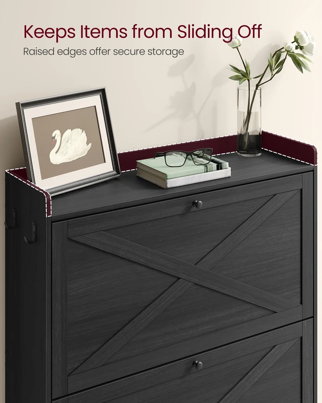 Alt view image 6 of 6 - Narrow Shoe Storage Cabinet Organizer with 2 Flip Drawers | Freestanding Shoe Rack, Fits 14 to 16 Pairs, for Entryway, Farmhouse Style, Smoky Black, HAINS Collection UHSC203BJ01S